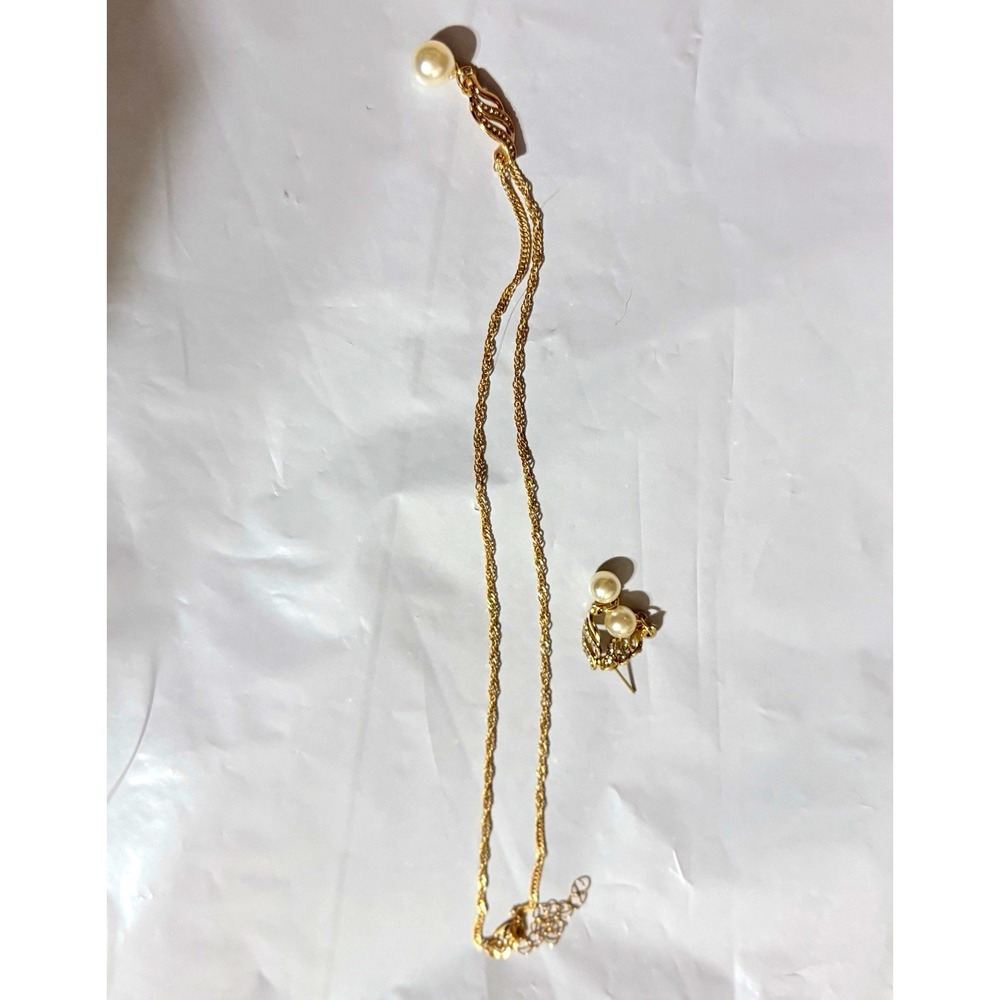 Gold Tone Faux Pearl Round White Necklace & Earrings Set with Rhinestones